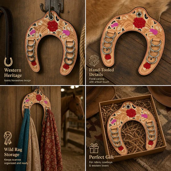 🔥 Handcrafted Leather Horseshoe Wild Rag Holder | Western Scarf & Bandana Organizer (📦Buy 2 Free Shipping)