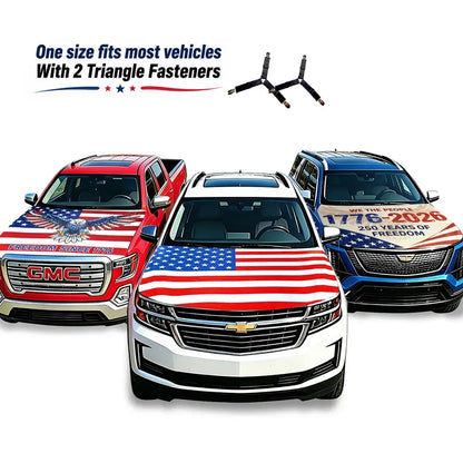 ✨🦅American Flag Car Hood Cover With Dual Triangle Clips Fits Trucks SUVs Sedans Jeep Commemorative Edition