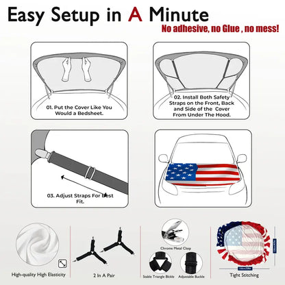 ✨🦅American Flag Car Hood Cover With Dual Triangle Clips Fits Trucks SUVs Sedans Jeep Commemorative Edition