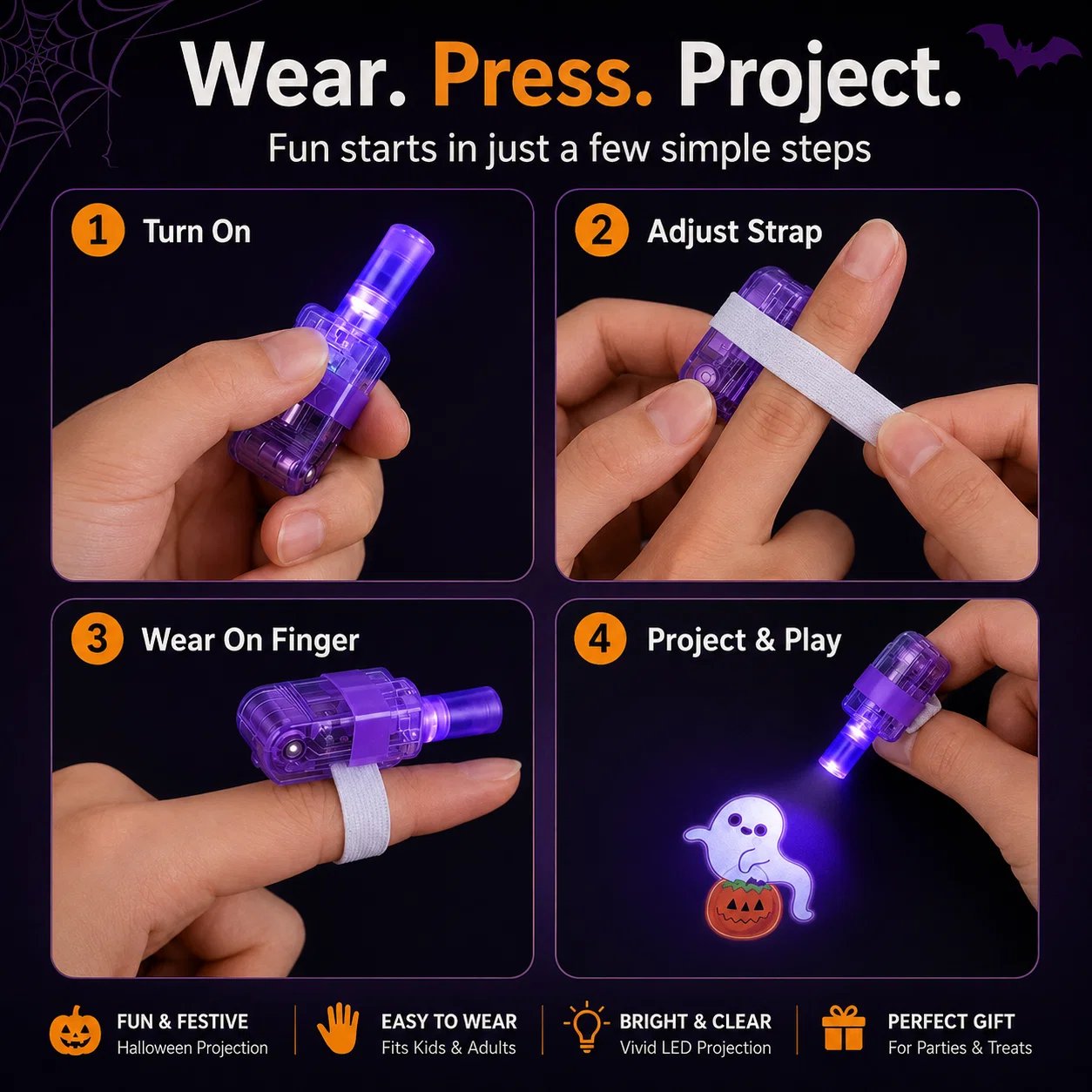 🔥👻  Halloween Finger Projector Rings – LED Party Favors for Kids