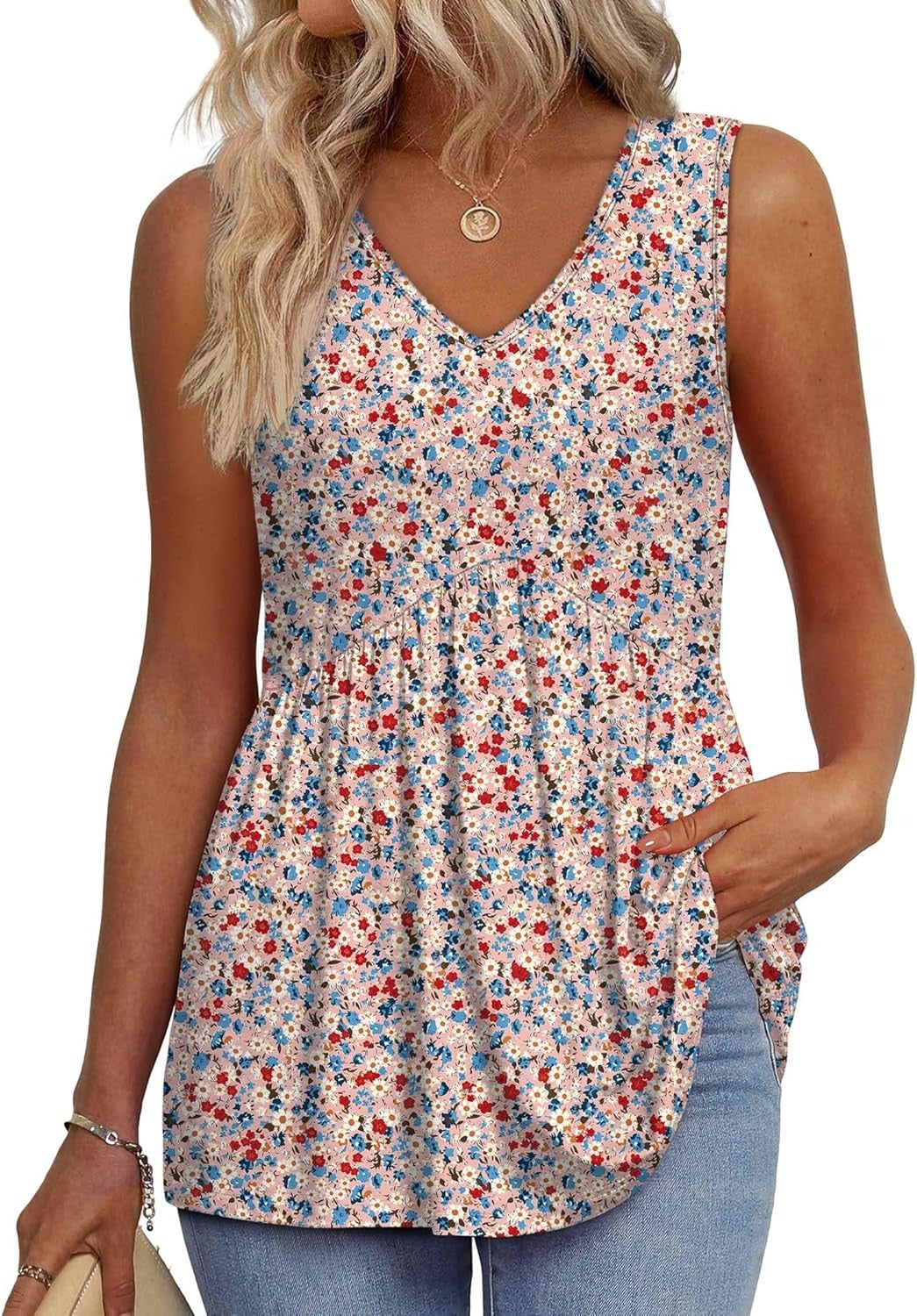 🔥Limited time sale🔥Women's Print Flowy Sleeveless V Neck Peplum Tank Tops