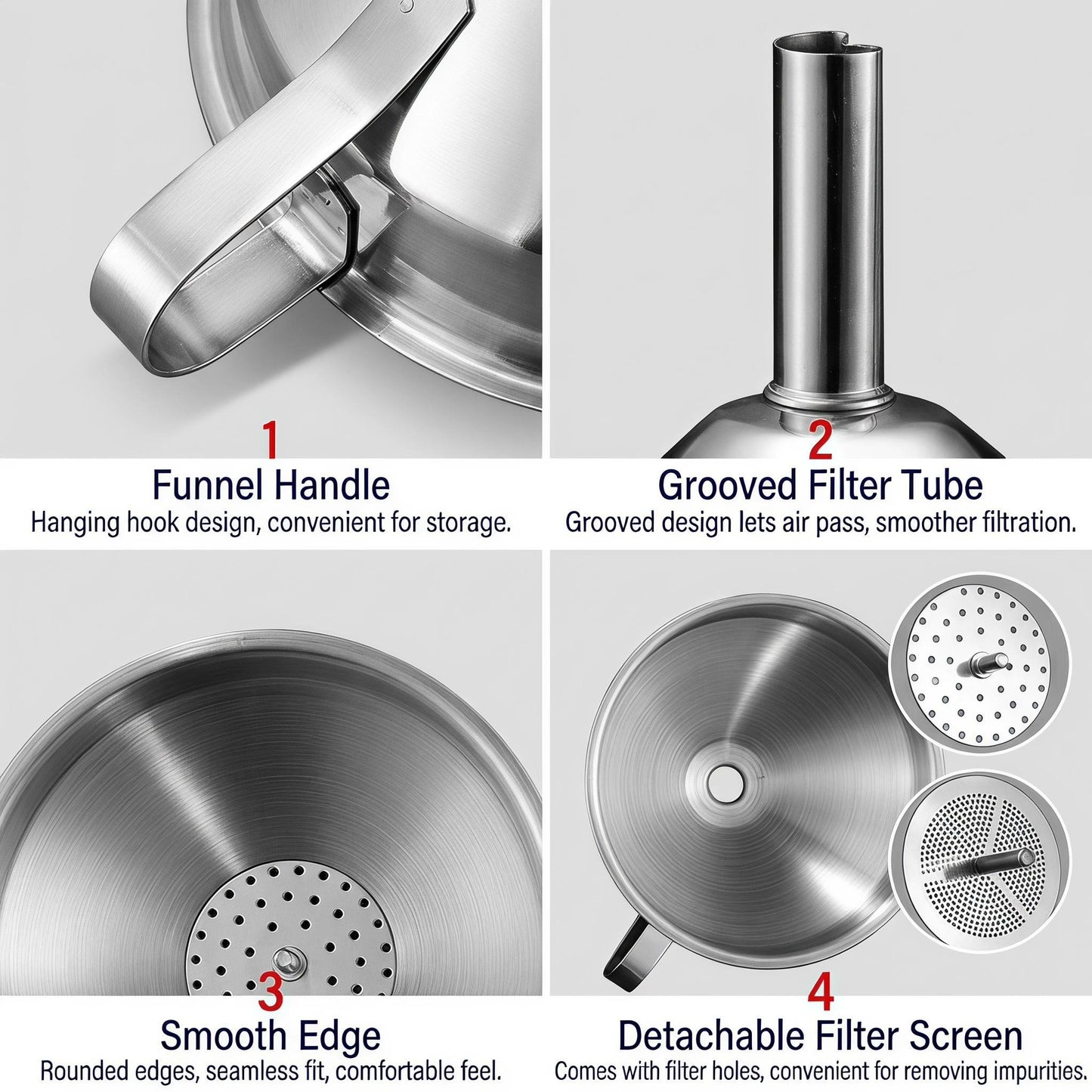 ✨Hot Sale 304 Stainless Steel Funnel with Filter Mesh – Kitchen Food Grade Metal Funnel for Oil, Alcohol, Jam & Spice Filling 🥄