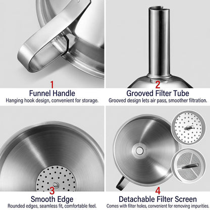 ✨Hot Sale 304 Stainless Steel Funnel with Filter Mesh – Kitchen Food Grade Metal Funnel for Oil, Alcohol, Jam & Spice Filling 🥄