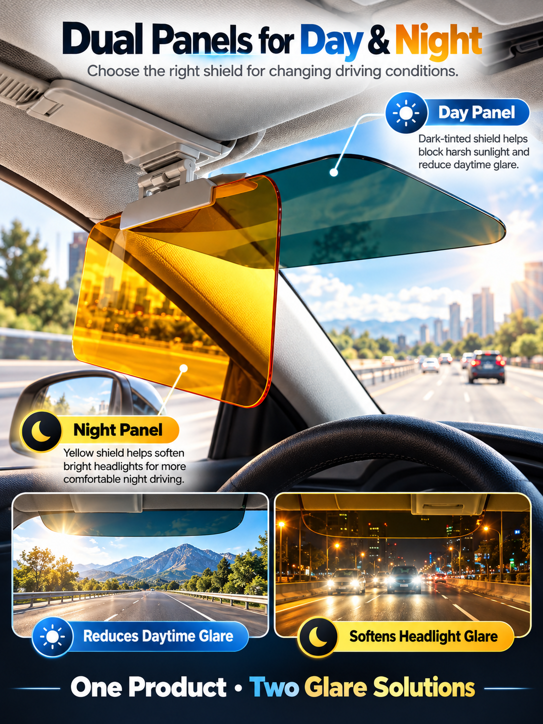 🔥Adjustable Car Anti-Glare Sun Visor • Day & Night Dual-Color Driving Shield
