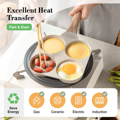🔥Multifunctional 4 Holes Skillet With Handle Wooden Handle🍳