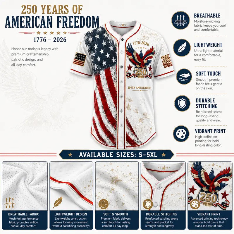 ✨USA 250th Anniversary Baseball Jersey Patriotic American Flag Eagle Button Down Shirt