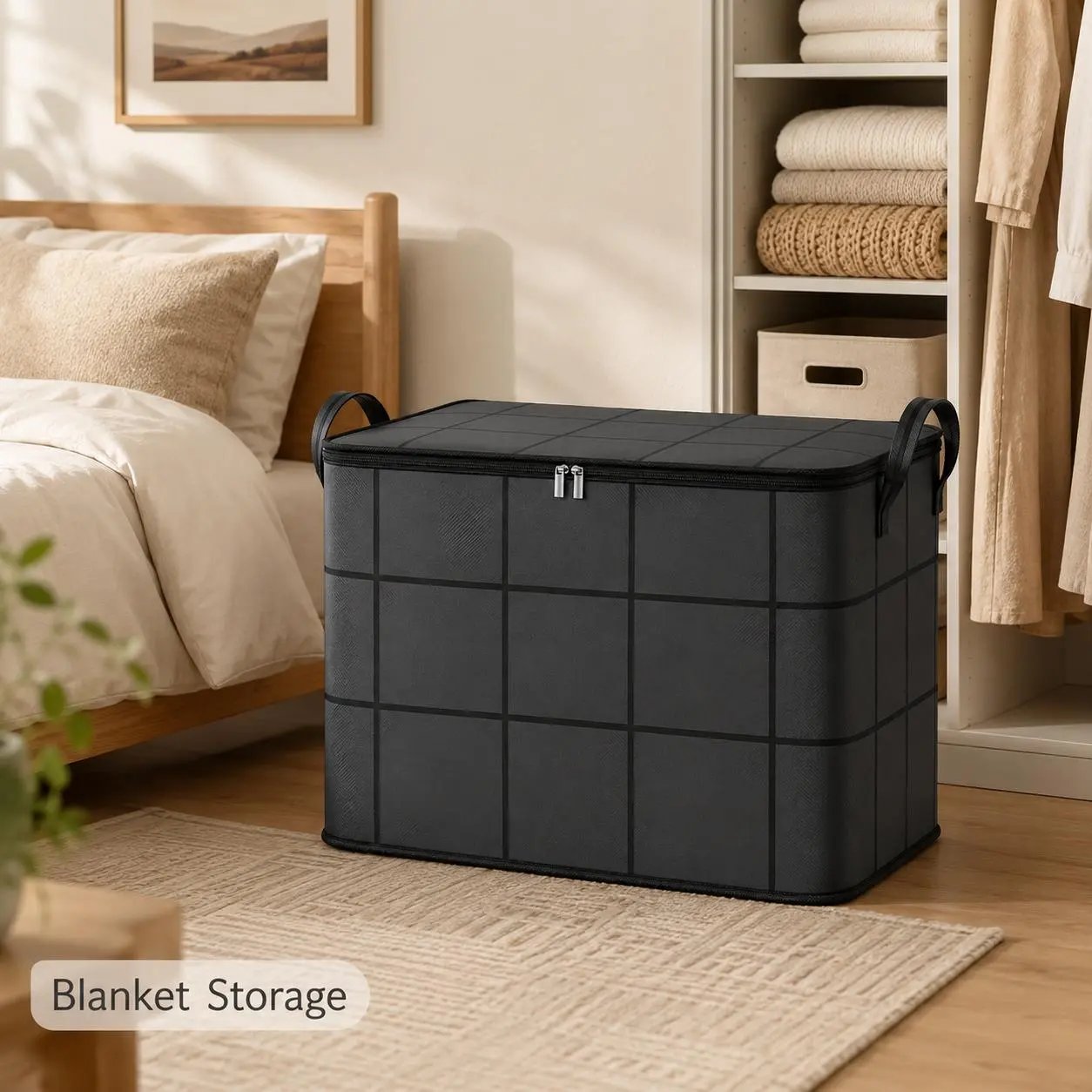 🔥Spacious Zippered Storage Bin📦 – Large Capacity Bag for Quilts, Blankets & Sweaters, Perfect for Moving Day & Closet Organization