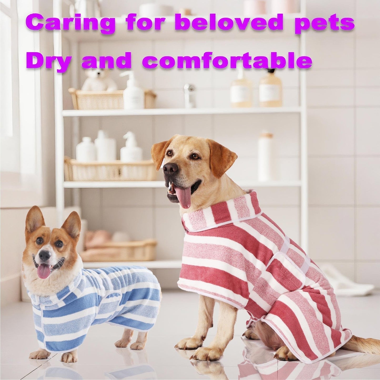 ✨75K+ SOLD!🐶Quick-Dry Dog Bathrobe, Absorbent Striped Pet Towel Coat with Adjustable Belly Band, Washable Pet Bathrobe
