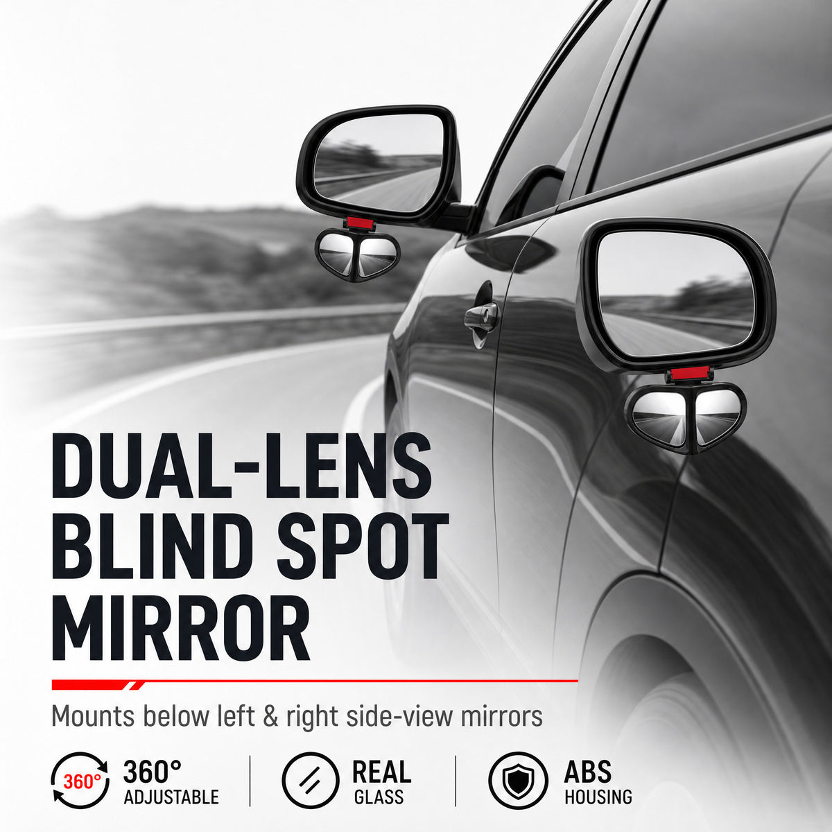 ✨360° Rotatable Car Blind Spot Mirror Dual‑Lens Real Glass ABS Housing